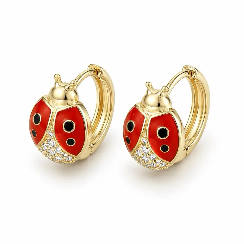 Lady Bug Eating Hoops - Red Enamel with Black Dots and Gold Tone Finish