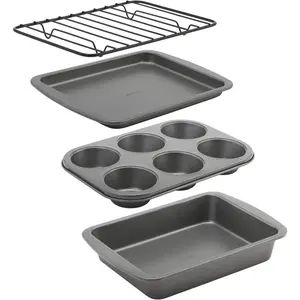 GoodCook 4-Piece Nonstick Steel Toaster Oven Set-Includes Sheet Pan, Rack, Cake Pan & Muffin Pan, Gray. Features Even Heat Distribution, Nonstick Coating, Dishwasher-Safe
