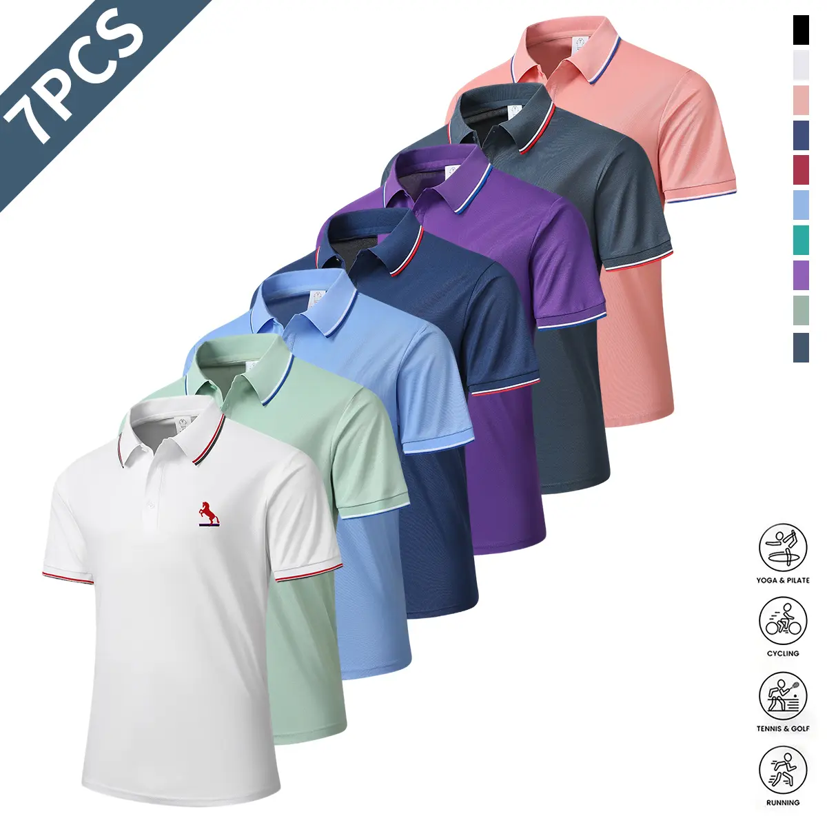 Men's 7-Pack High-Quality Short Sleeve Sporty Polo Shirts - Mensfashion Menswear with Button Front-Placket, Plain Minimalist Design, Breathable, Well-Fitted for Casual Business & Tennis Training, Ideal Gifts, Front-Placket Polo Shirts,summerwins,father'sd