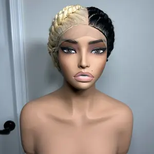 Black and blonde heart shaped. Cornrow full lace glueless braided wig rolled bun