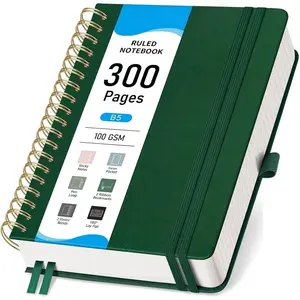 B5 College Ruled Spiral Notebook, Thick 300 Numbered Pages, 100GSM Ink-Proof PU Leather Hardcover Lay-Flat Lined Journal for Work Office School Writing, 7.48"x10.15", Dark Green