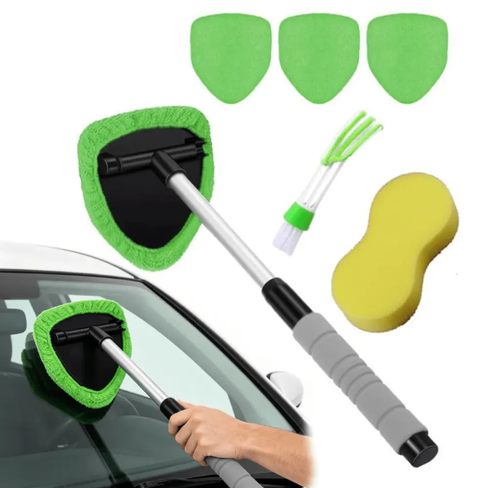 A Set of 7 Pcs Windshield Cleaning Kit,Including 4 Pcs Reusable And Washable Microfiber Pads,1 Car Windshield Squeegee,1 Retractable Handle,1 Sponge Brush,Halloween Christmas Gifts,Hand Tools Kits