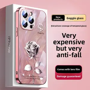 Rose Flower Feather Phone Case for iPhone 14 15 16 Pro Max 13 12 11, Electroplated Glass High-end Protective Cover Comes with Lens Film