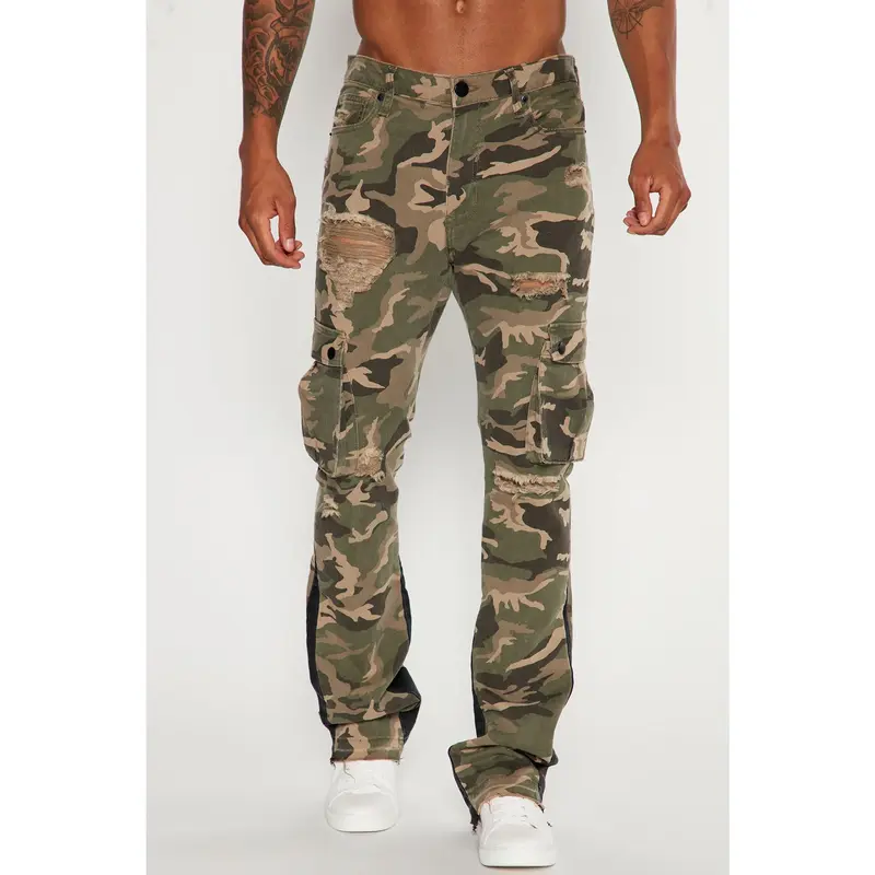 Contrast Skinny Stacked Flared Cargo Pants - Camouflage