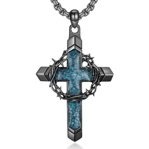 1Pcs Cross Necklace for Men, Turquoise Cross Pendant Necklace with a Thorny Wreath and Cross Design, Religious Christmas Birthday Gifts for Men And Women