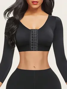 1 Count Women's Solid Color Long Sleeves Shaperwear Tops, Fajas, High Compression Push Up Bra, Front Closure Shapewear Tank Top, High Stretch Shapewear Crop Top, Womenswear, Corset, Perfect For Daily Wear & Training, Body Sculpting Compression