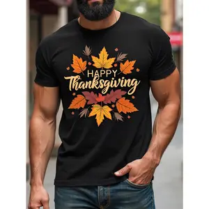 Men's Plus Size Happy Thanksgiving Graphic T-Shirt - Autumn Maple Leaf & Turkey Print Short Sleeve Casual Round Neck Tee for Big & Tall Men, Comfortable Stretch Fabric, All-Season Holiday & Casual Attire, graphic tee