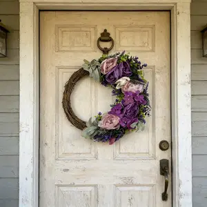 Country Farmhouse Wreath with and Peonies, Lavender and Lamb's Ear, All-Season Decor for Porch and Entrance