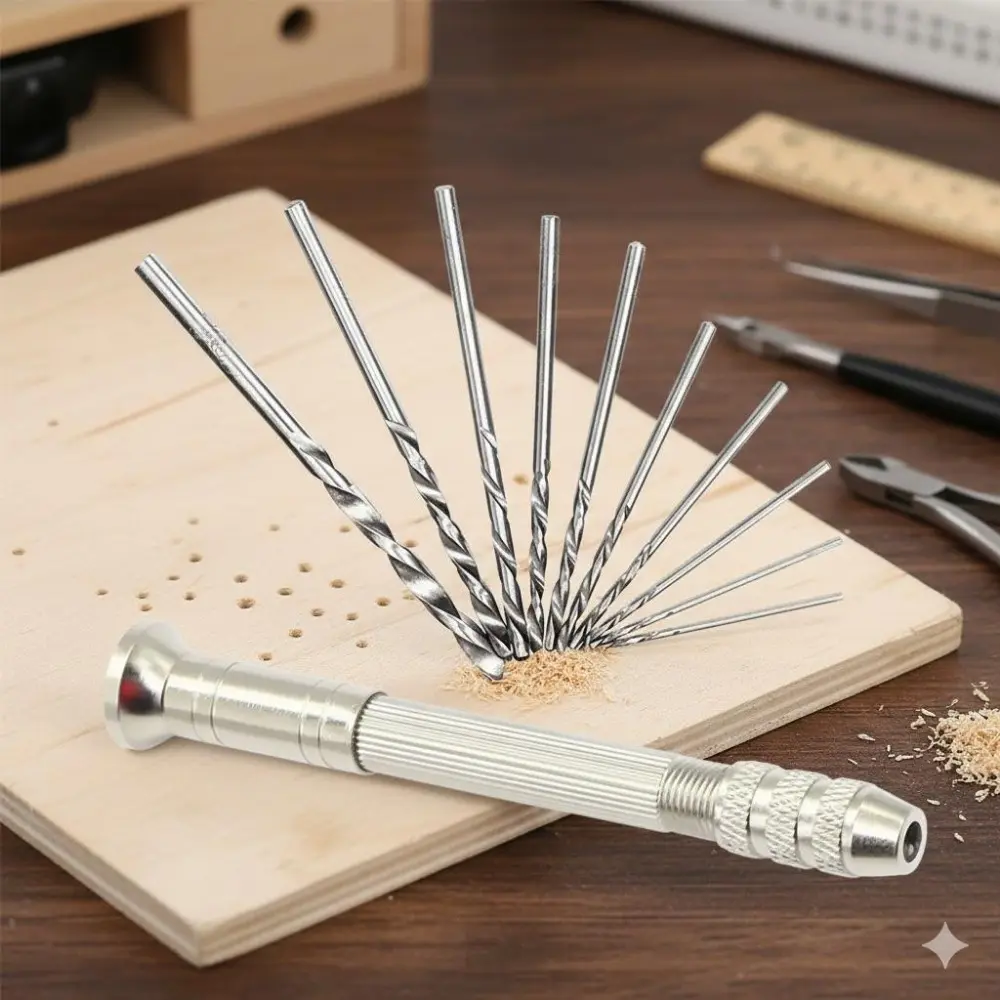 Mini Aluminum Hand Drill Set with Keyless Chuck, Portable Precision Micro Drill for DIY, Jewelry, Woodworking. Complete Twist Bits for Crafting, Student Projects, and Detailed Work. Compact Tool Kit for Hobbyists and Pros.