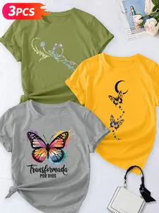 Women's Casual Short Sleeve Crew Neck Cotton T-Shirt – 3PCS Butterfly & Faith Graphic Print Set, Multicolor, Machine Washable Spring & Summer Top, Soft Skin-Friendly Fabric, Daily Versatile, Fashion Design