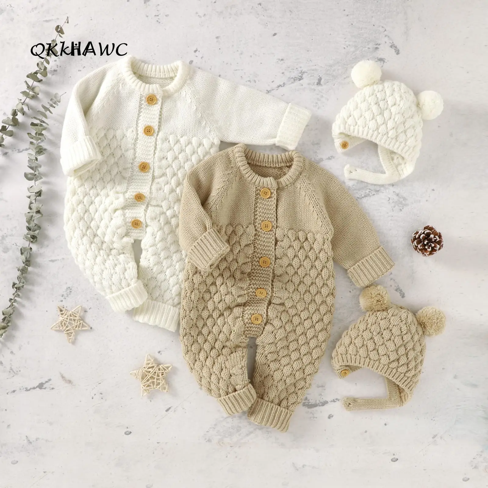 Infant Baby 2PCS Winter Outfits, Long Sleeve Solid Color Knitted Romper + Bear Hat Set, Unisex Bodysuits