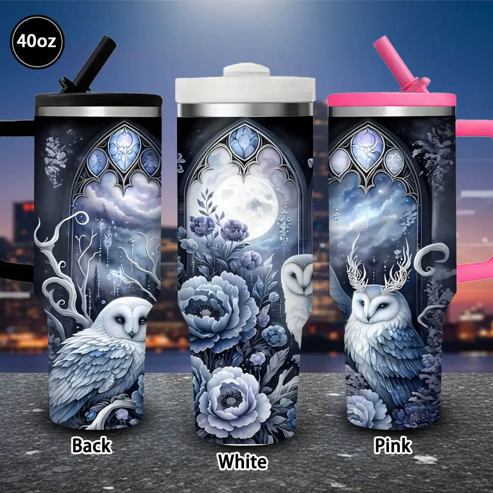 40oz Mystical Moonlit Owls Vacuum Flask Tumbler - 1 Pc Winter Insulated Travel Mug with Lid and Straw, Adults' Iced/Hot Coffee Container, Birthday Gift Idea, Easter Valentine’s Day Gift