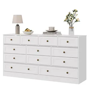 White 12 Drawers Wooden Dressers for Adult, Modern Wood Chest of Drawers Clothes Storage Organizer for Bedroom, Living Room, Wide TV Stand Dresser for 65 Inch TV, 61" L × 15.75" W