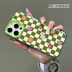 Softcase for iPhone 17 16 E Pro Max 15 Plus 14 13 12 11 XS XR Checkerboard Happy Doodle Coquette Pastel Design Shockproof Lightweight Protective Case