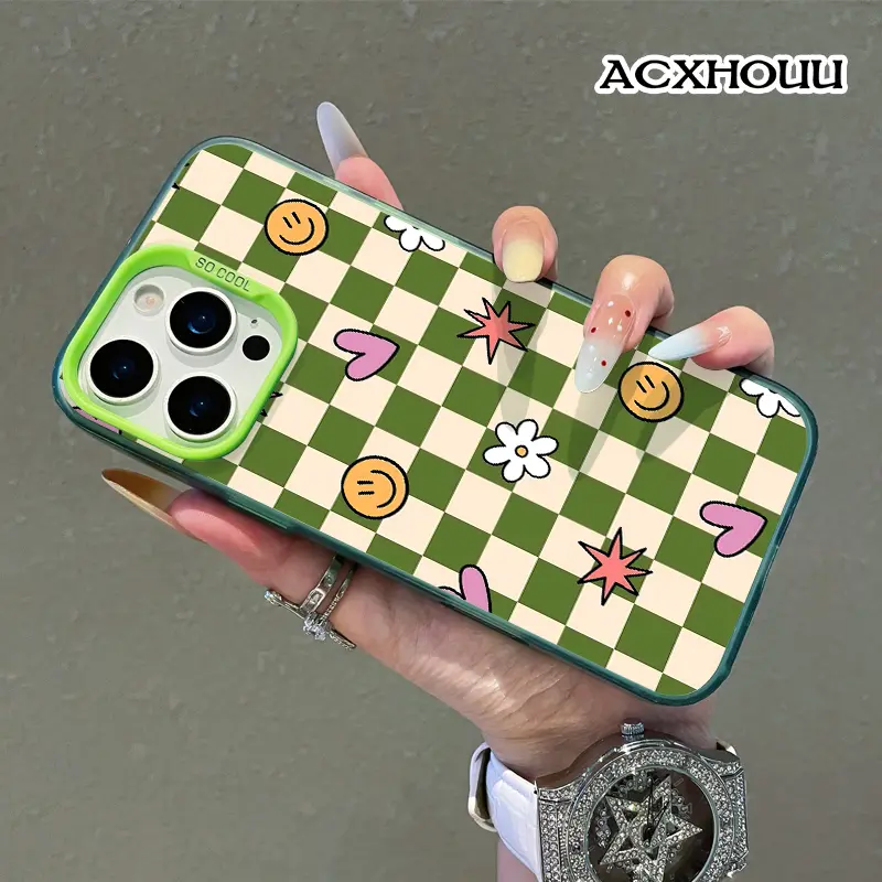 Softcase for iPhone 17 16 E Pro Max 15 Plus 14 13 12 11 XS XR Checkerboard Happy Doodle Coquette Pastel Design Shockproof Lightweight Protective Case