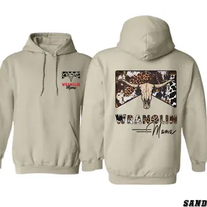 [graphic hoodies]Western Cowgirl Hoodie – Wranglin Mama with Longhorn Skull & Leopard Cowhide Print – Perfect for Rodeo, Country Lifestyle & Casual Wear – Cozy Unisex Graphic Sweatshirt