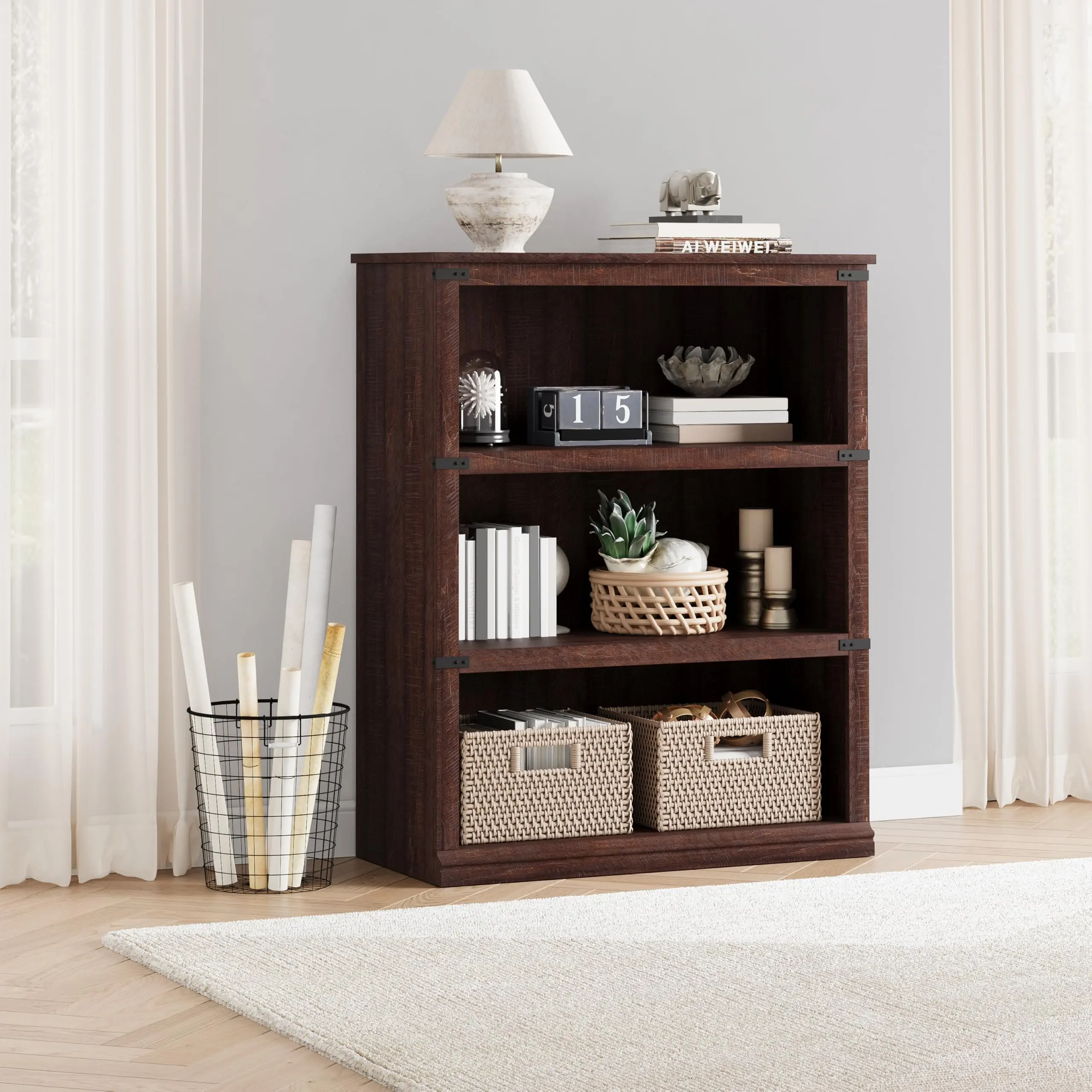 Garvee 5 Tier Farmhouse Bookcase, 67.4" Tall Open Storage Wooden Bookshelf, 5 Shelf Open Display Bookshelves, Floor Standing Book Shelf Book Case for Home Office, Living Room, Bed Room, Library