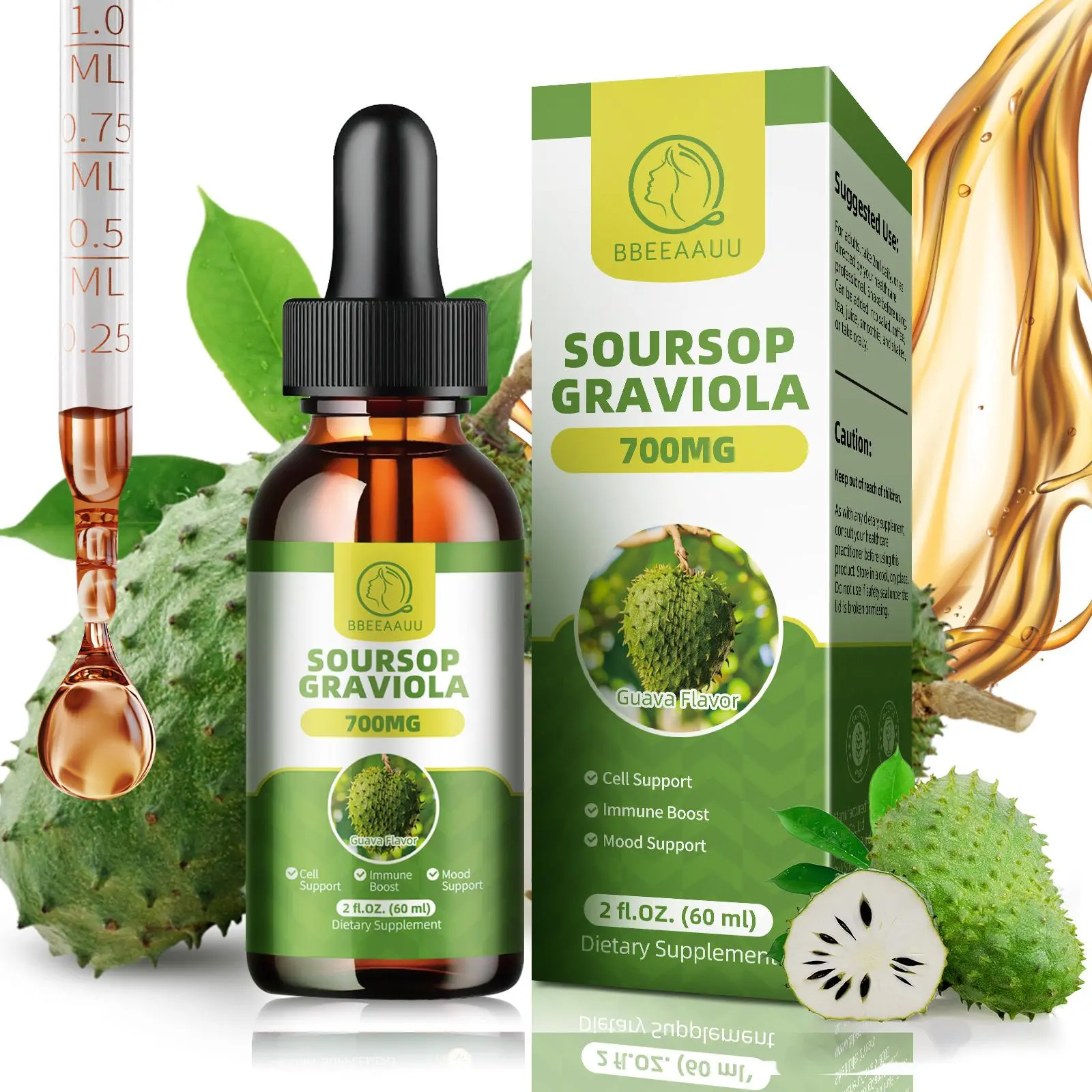 Organic Soursop Liquid Drops, Herbal Extract + Multivitamin + Dietary Fiber, Energy, Relaxation, Fitness & Immunity, 60ml, 2 Fl Oz