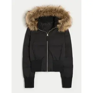 Chic Full Sleeve Zipper Pocket Cropped Jacket Fashion Women's Faux Fur Hooded Quilted Coat 2025 Winter New Lady Padded Outerwear