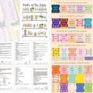 Bible Study Stickers Set, 12pcs/set Bible Tabs with Inspirational Book Summaries & Bible Reading Tracker & Bible Book Shelf Sticker, Art Reading Page Markers