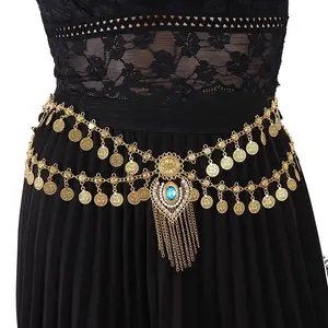 [Bohemian Waist Belt] Double-Layer Coin & Tassel Waist Belt | Elegant Bohemian Vintage-Inspired with Turquoise & Rhinestone Accents | Ideal for Summer Dresses, Beach Parties & Festivals