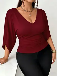Plus Size Women's V Neck Bell Sleeve Waist Cinch Top Blouse, Slimming Conceal Fat Sexy Versatile Casual, Spring & Fall Fashion
