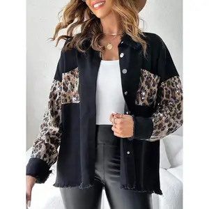 Women’s denim leopard-print sequin shirt jacket, retro cool style, tassel design, perfect for streetwear, everyday wear, and parties GARMENTARY