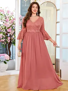 MISSMAY P24366A Plus V-Neck Flare Sleeve Floral Lace Sequin Insert Embellished Waist Contrast Ruched Chiffon Hem Formal Party Maxi Dress, Elegant Prom Wedding Guest Dress, For Birthday, Graduation, Homecoming, Festivals