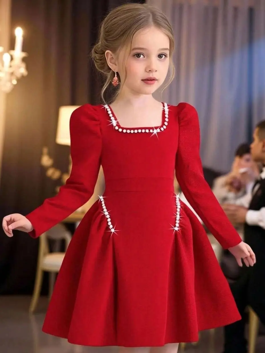 Kids clothing girls - Red Knit Sweater Dress for Girls, Puff Sleeve Beaded Ruffle Hem Formal Dress for Holiday Parties girls clothes for kids clean girl clothes cute college girl clothes girly clothing boho earthy girl clothes