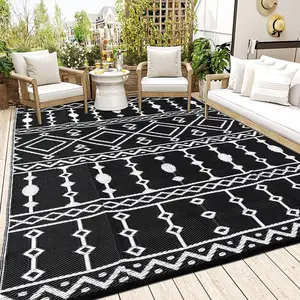 GARVEE Outdoor Rug Waterproof 8x10ft, Plastic Straw Rug, Large Floor Mat for Outdoors, Outside Carpet for Patios, RV, Porch, Balcony, and Deck, Black & White