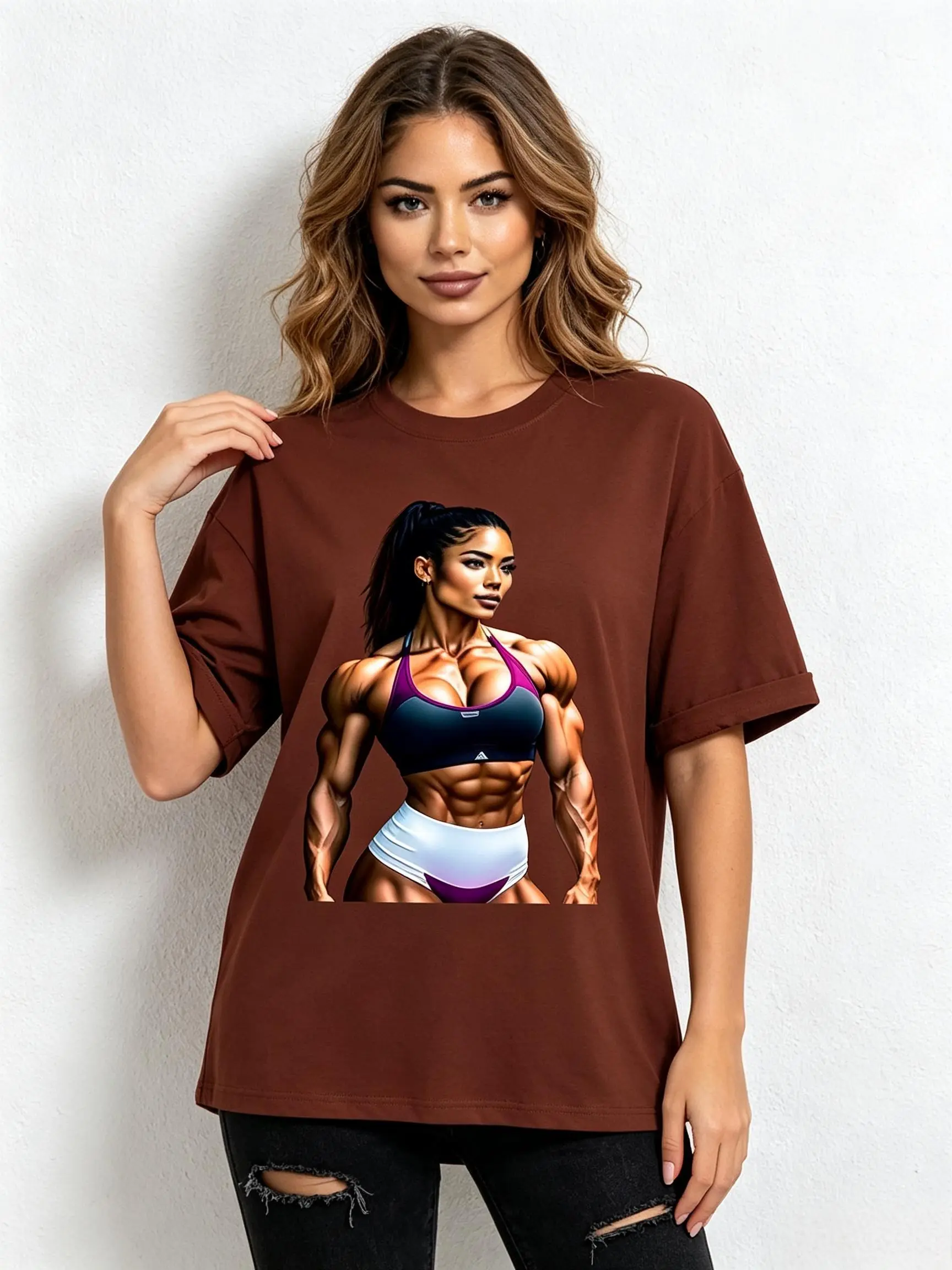 Women’s Viral TikTok Gym Aesthetic Chocolate Brown Crew Neck Graphic T-Shirt - Soft Breathable Short Sleeve Tee with Strong Black Female Bodybuilder 6-Pack Abs Workout Sports Bra Portrait Print