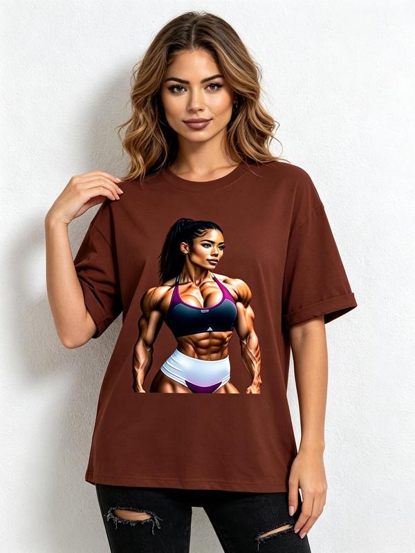 Women’s Pure Cotton Fitted Casual Chocolate Brown Crew Neck Graphic Print Short Sleeve Top - Soft Breathable, Viral TikTok Gym Aesthetic, Strong Black Female Bodybuilder 6-Pack Abs Sports Bra Portrait, Beach Ready