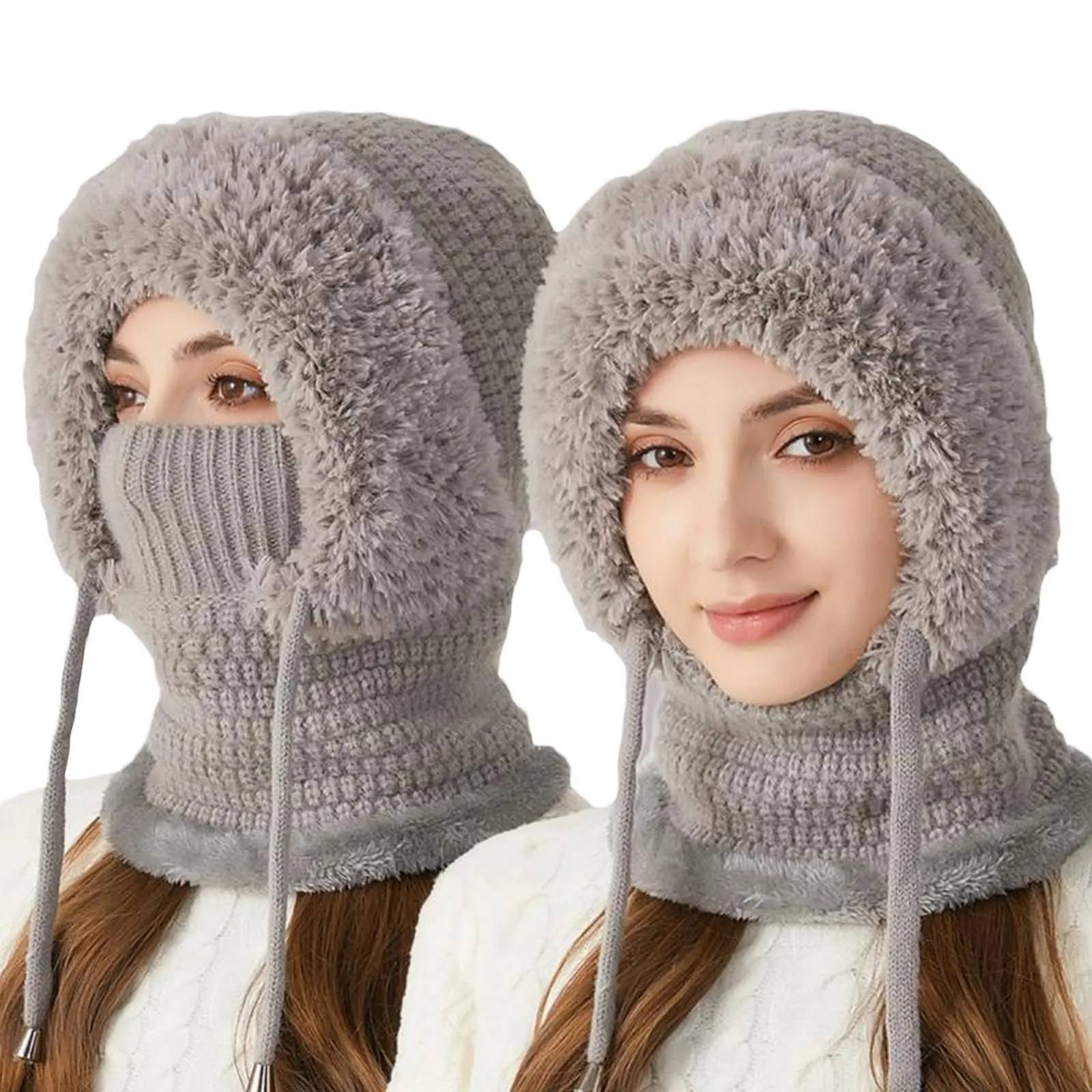 Winter Ladies Plush Hat - Three-in-One Plush Hat,Knitted Ski Hat with Face Mask & Neck Gaiter, Windproof Warm Hat for Outdoor Skiing Hiking