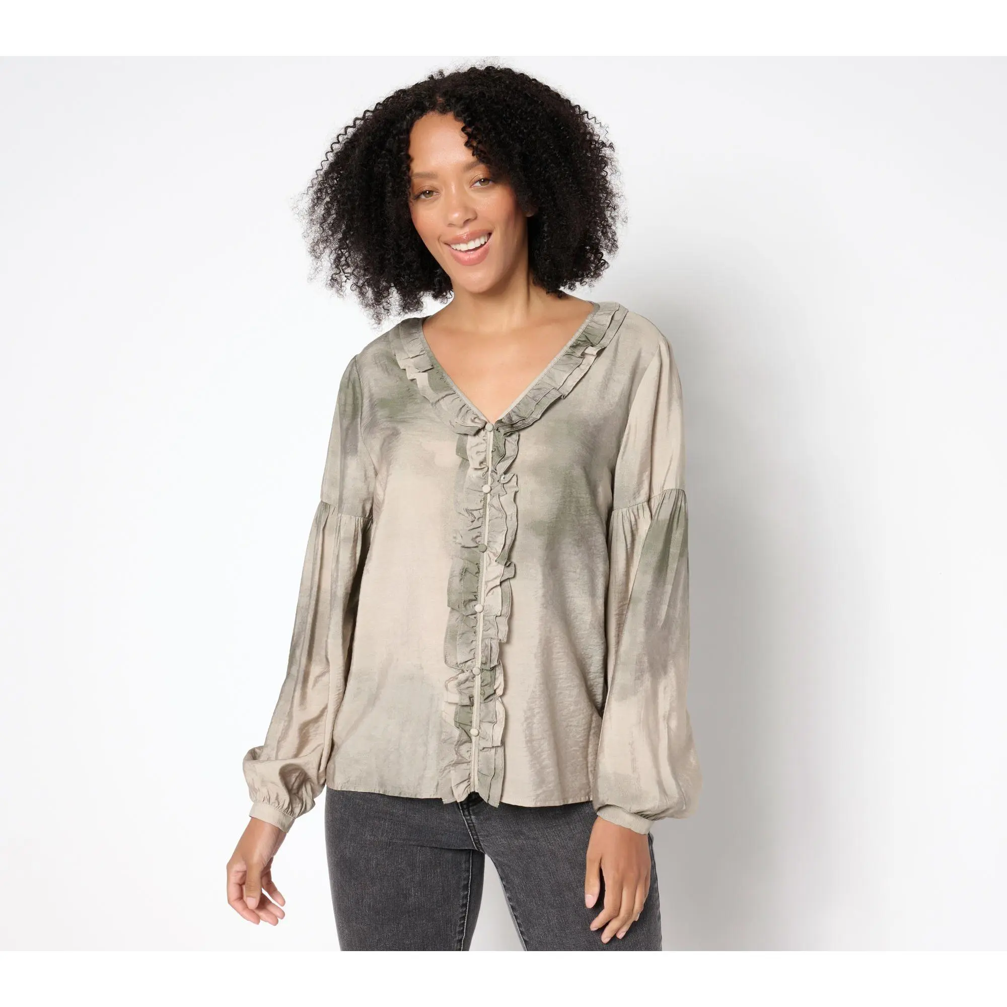 Me by Jennie Garth Bodie Printed Blouse with Ruffle Neckline