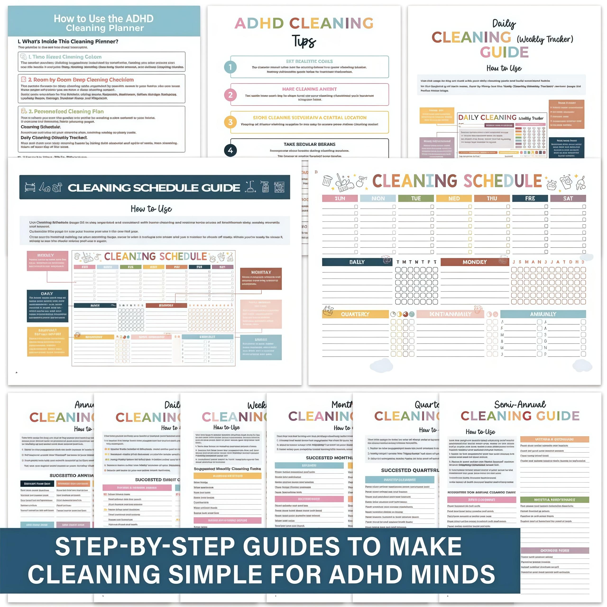ADHD Cleaning Planner - Cleaning Schedule and Checklist Organizer for Adults and Teens - Daily, Weekly & Monthly Household Cleaning Checklist for ADHD Minds - Stress-Free Housework
