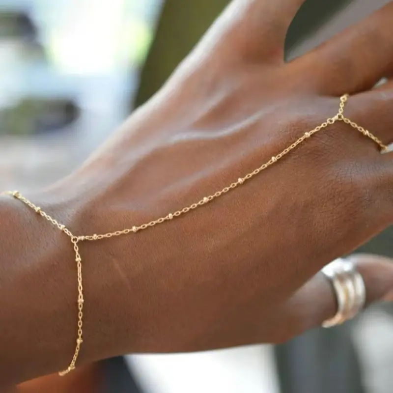 Beaded Hand Chain Bracelet by Caitlyn Minimalist - Dainty Gold Plated Beaded Bracelet with Chain Ring - Boho Summer Statement Jewelry - Girlfriend Gift