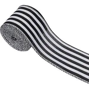 Black White Stripe Wired Ribbon Decorations for Christmas Tree, Xmas Striped Ribbon for  Wrapping DIY Crafts Farmhouse Home Garland Wreath Party Decor, 2.5" x 10 Yard x 1 Roll