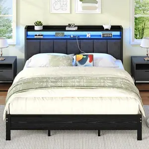 HOMBCK Twin Full Queen King Bed Frame With Storage Headboard & LED Lights, Charging Station, king size bed frame with headboard,Heavy-duty Metal Slatted Base Support, No Spring Mattress Required, Easy Assembly, Grey, White, Cream