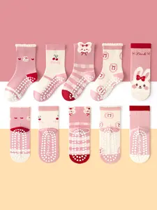 5 Pair Floor Socks with Bow, Cute Rabbit Pattern, Non-Slip Soft Sole Indoor Socks for Baby Boys & Girls