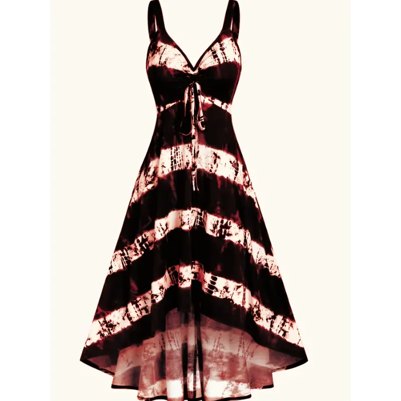 Plus Size Casual Summer Dress, Women's Plus Tie Dye Drawstring V Neck Asymmetrical Hem High Stretch A-line Cami Dress
