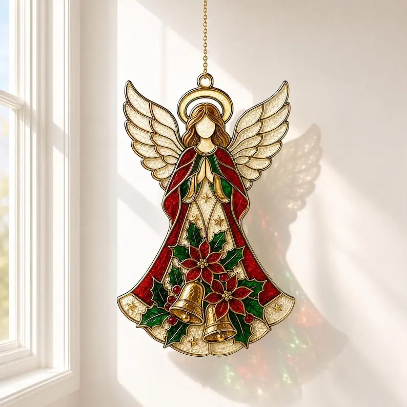 Christmas Angel Stained Glass Style Suncatcher Window Hanging Ornament, Acrylic Religious Holiday Decor with Poinsettia and Bells, High-Quality Vibrant Xmas Gift for Home Windows