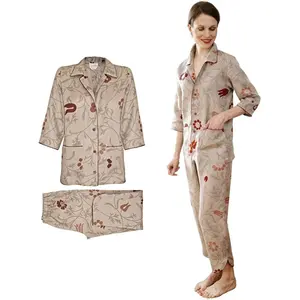 Women’s Linen Pajama Set – Anabella Cropped Floral Lounge Set, Soft Breathable Linen, Crafted in Europe