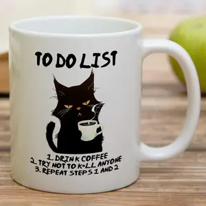 Black Cat Ceramic Coffee Mug with Humorous To-Do List Quote a Cute Motivational Cup for Coffee Tea and Hot Beverages Ideal Gift for Cat Enthusiasts and Seasonal Drinks