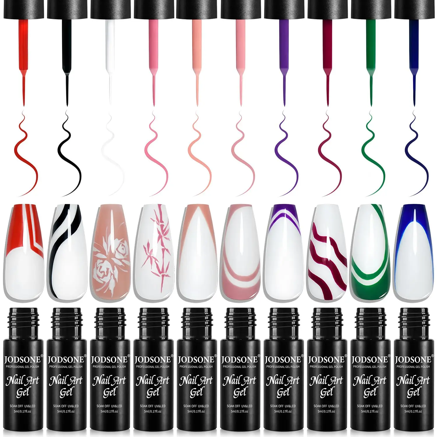 JODSONE 10PCS  Nail Art Gel Liner Set White Red Black UV Lamp Cured Gel Polish with Thin Brush