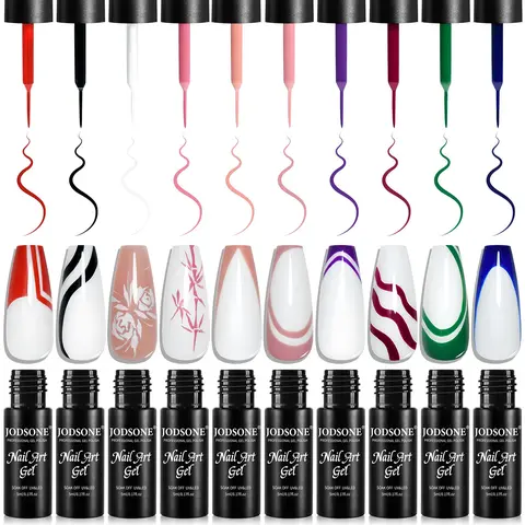 JODSONE 10PCS  Nail Art Gel Liner Set White Red Black UV Lamp Cured Gel Polish with Thin Brush