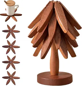 Natural Tree Trivet Set - 4 Wooden Trivets & 1 Stand - Heat Resistant Foldable Design - Durable & High - Tree Shape Trivets for Hot Dishes - Multi-functional Use - Special Texture - Interesting Gift for Christmas