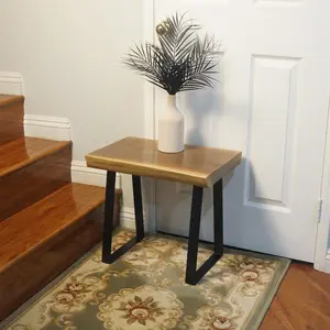 Natural Edge Wood Small Side Table, Modern Rustic Accent Table with Metal Leg and Wood Top for Living Room