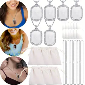 6 Set Sublimation Rhinestone Trays Pendant Set, Including 6 Double Sided Blank Rhinestone Bezel Trays, 6 Thick Chains with 12 Sublimation and 6 Storage Bags, Jewelry Making Kit