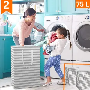 2-Pack Laundry Hamper 75L Collapsible Large Laundry Baskets with Easy Carry Handles Freestanding Waterproof Clothes Hamper Storage Basket for Toys Clothes Organizer - 24.4" (H), Grey Cotton Bin laundry accessory