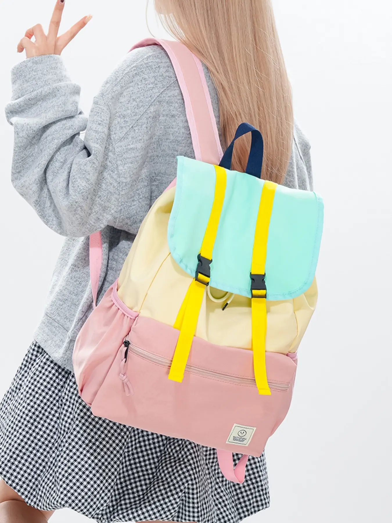 Macaron Color Block Flap Backpack Casual Daypack School Backpacks with Yellow Buckle Design Large Capacity Student Schoolbag for Casual Commute Travel